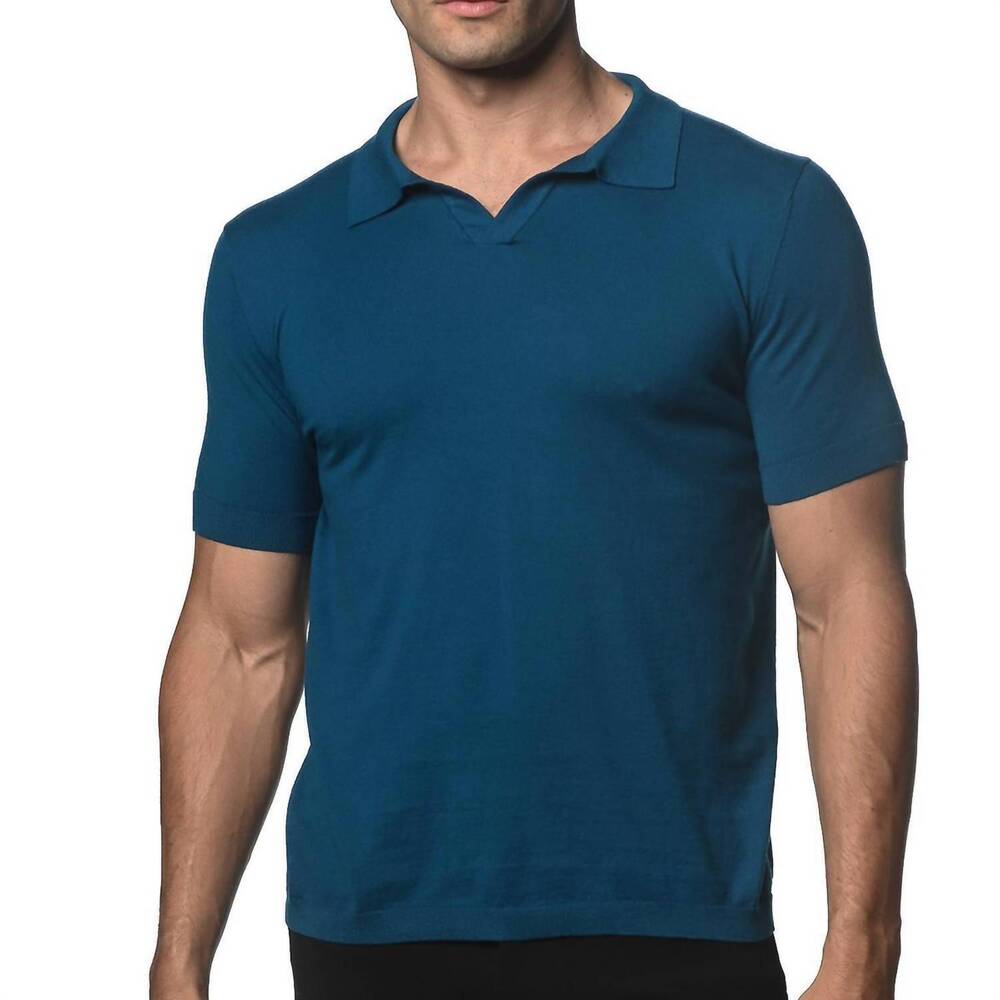 NEW POSTMARC johnny collar knitted polo in peacock blue
